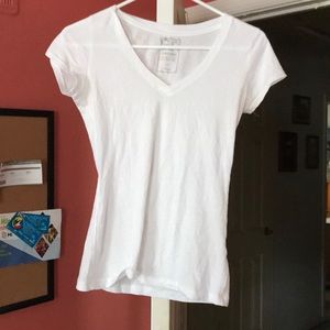 White v-neck t-shirt.